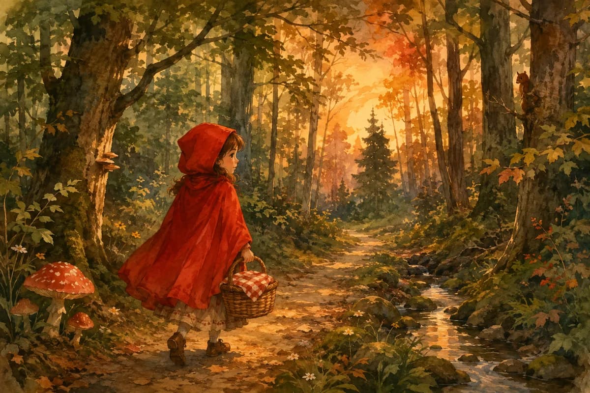 Chapeuzinho Vermelho atravessando a floresta com sua cesta, ao entardecer
