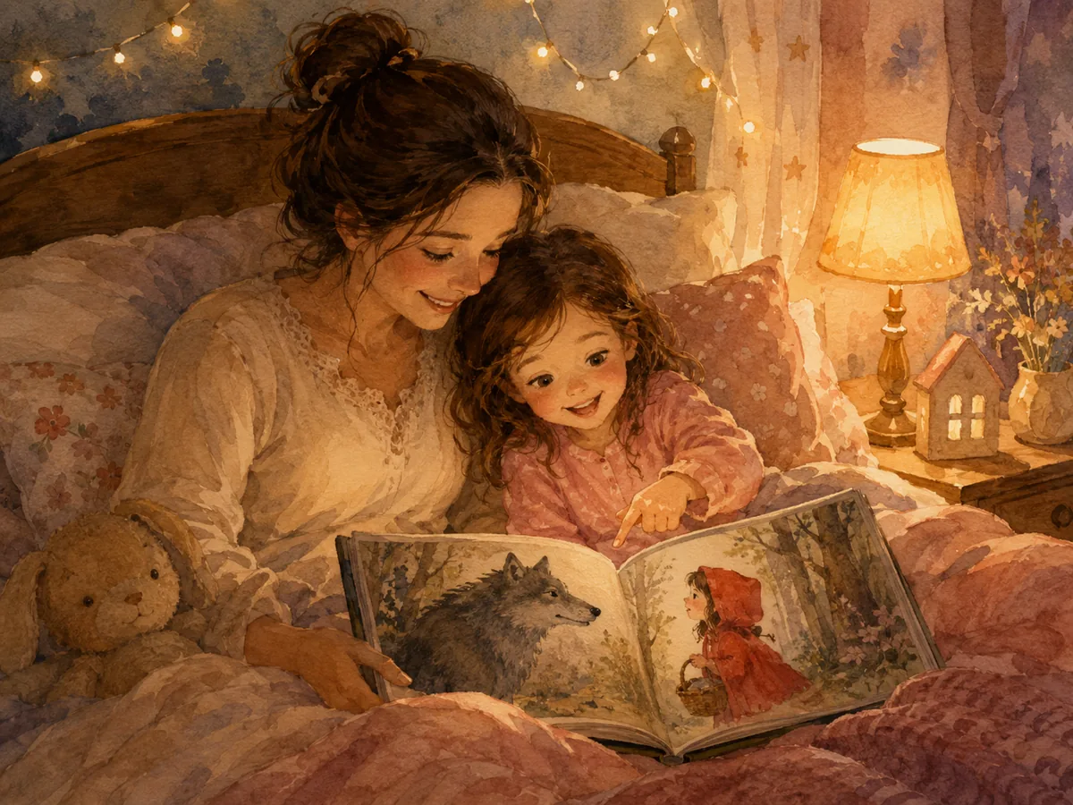 Mãe e filho lendo juntos a história de Chapeuzinho Vermelho na hora de dormir